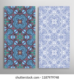 Vertical seamless patterns set, floral geometric lace texture for Wedding, Valentine's day, greeting card or Birthday Invitation. Decorative seamless doodle backgrounds. Ethnic ornament border pattern