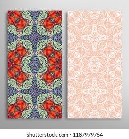Vertical seamless patterns set, floral geometric lace texture for Wedding, Valentine's day, greeting card or Birthday Invitation. Decorative seamless doodle backgrounds. Ethnic ornament border pattern