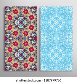 Vertical seamless patterns set, floral geometric lace texture for Wedding, Valentine's day, greeting card or Birthday Invitation. Decorative seamless doodle backgrounds. Ethnic ornament border pattern