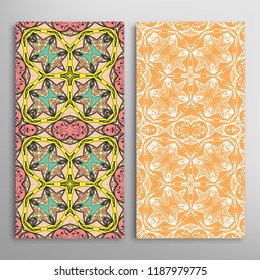 Vertical seamless patterns set, floral geometric lace texture for Wedding, Valentine's day, greeting card or Birthday Invitation. Decorative seamless doodle backgrounds. Ethnic ornament border pattern