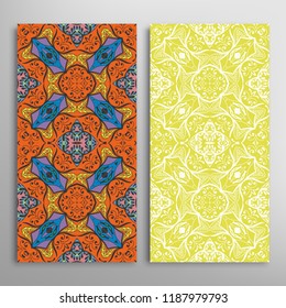 Vertical seamless patterns set, floral geometric lace texture for Wedding, Valentine's day, greeting card or Birthday Invitation. Decorative seamless doodle backgrounds. Ethnic ornament border pattern
