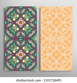 Vertical seamless patterns set, floral geometric lace texture for Wedding, Valentine's day, greeting card or Birthday Invitation. Decorative seamless doodle backgrounds. Ethnic ornament border pattern