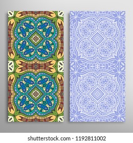 Vertical seamless patterns set, floral geometric lace texture for Wedding, Valentine's day, greeting card or Birthday Invitation. Decorative seamless doodle backgrounds. Ethnic ornament border pattern