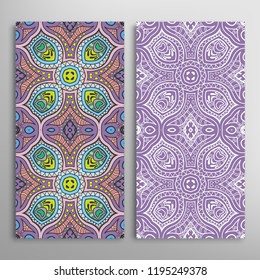 Vertical seamless patterns set, floral geometric lace texture for Wedding, Valentine's day, greeting card or Birthday Invitation. Decorative seamless doodle backgrounds. Ethnic ornament border pattern