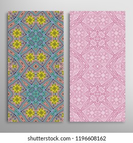 Vertical seamless patterns set, floral geometric lace texture for Wedding, Valentine's day, greeting card or Birthday Invitation. Decorative seamless doodle backgrounds. Ethnic ornament border pattern