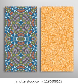 Vertical seamless patterns set, floral geometric lace texture for Wedding, Valentine's day, greeting card or Birthday Invitation. Decorative seamless doodle backgrounds. Ethnic ornament border pattern