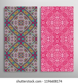 Vertical seamless patterns set, floral geometric lace texture for Wedding, Valentine's day, greeting card or Birthday Invitation. Decorative seamless doodle backgrounds. Ethnic ornament border pattern