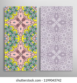 Vertical seamless patterns set, floral geometric lace texture for Wedding, Valentine's day, greeting card or Birthday Invitation. Decorative seamless doodle backgrounds. Ethnic ornament border pattern