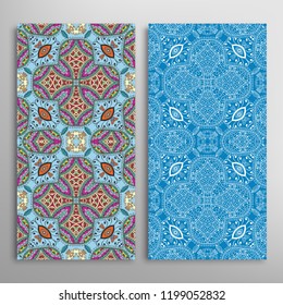 Vertical seamless patterns set, floral geometric lace texture for Wedding, Valentine's day, greeting card or Birthday Invitation. Decorative seamless doodle backgrounds. Ethnic ornament border pattern