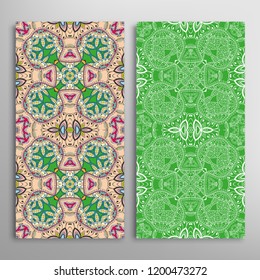Vertical seamless patterns set, floral geometric lace texture for Wedding, Valentine's day, greeting card or Birthday Invitation. Decorative seamless doodle backgrounds. Ethnic ornament border pattern