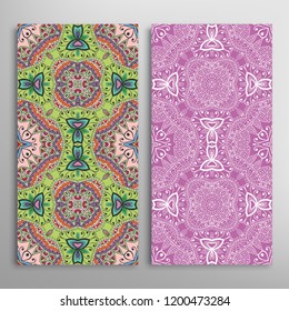 Vertical seamless patterns set, floral geometric lace texture for Wedding, Valentine's day, greeting card or Birthday Invitation. Decorative seamless doodle backgrounds. Ethnic ornament border pattern