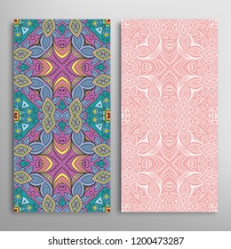 Vertical seamless patterns set, floral geometric lace texture for Wedding, Valentine's day, greeting card or Birthday Invitation. Decorative seamless doodle backgrounds. Ethnic ornament border pattern