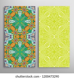 Vertical seamless patterns set, floral geometric lace texture for Wedding, Valentine's day, greeting card or Birthday Invitation. Decorative seamless doodle backgrounds. Ethnic ornament border pattern