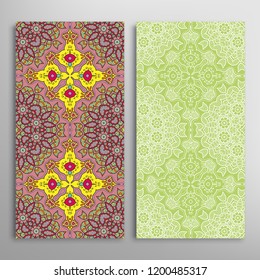 Vertical seamless patterns set, floral geometric lace texture for Wedding, Valentine's day, greeting card or Birthday Invitation. Decorative seamless doodle backgrounds. Ethnic ornament border pattern