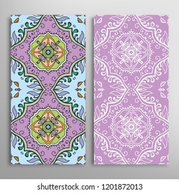 Vertical seamless patterns set, floral geometric lace texture for Wedding, Valentine's day, greeting card or Birthday Invitation. Decorative seamless doodle backgrounds. Ethnic ornament border pattern