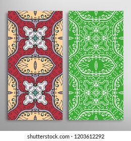 Vertical seamless patterns set, floral geometric lace texture for Wedding, Valentine's day, greeting card or Birthday Invitation. Decorative seamless doodle backgrounds. Ethnic ornament border pattern