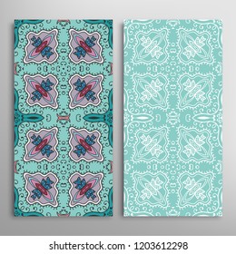 Vertical seamless patterns set, floral geometric lace texture for Wedding, Valentine's day, greeting card or Birthday Invitation. Decorative seamless doodle backgrounds. Ethnic ornament border pattern