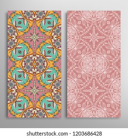 Vertical seamless patterns set, floral geometric lace texture for Wedding, Valentine's day, greeting card or Birthday Invitation. Decorative seamless doodle backgrounds. Ethnic ornament border pattern