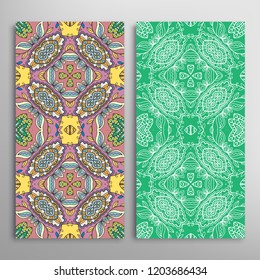 Vertical seamless patterns set, floral geometric lace texture for Wedding, Valentine's day, greeting card or Birthday Invitation. Decorative seamless doodle backgrounds. Ethnic ornament border pattern