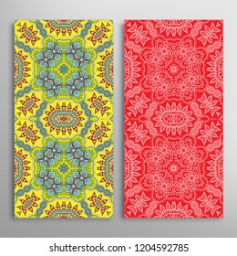 Vertical seamless patterns set, floral geometric lace texture for Wedding, Valentine's day, greeting card or Birthday Invitation. Decorative seamless doodle backgrounds. Ethnic ornament border pattern
