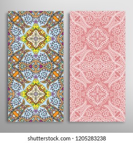 Vertical seamless patterns set, floral geometric lace texture for Wedding, Valentine's day, greeting card or Birthday Invitation. Decorative seamless doodle backgrounds. Ethnic ornament border pattern
