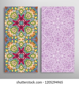 Vertical seamless patterns set, floral geometric lace texture for Wedding, Valentine's day, greeting card or Birthday Invitation. Decorative seamless doodle backgrounds. Ethnic ornament border pattern
