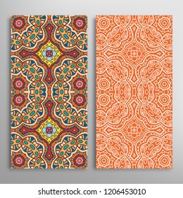 Vertical seamless patterns set, floral geometric lace texture for Wedding, Valentine's day, greeting card or Birthday Invitation. Decorative seamless doodle backgrounds. Ethnic ornament border pattern