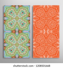 Vertical seamless patterns set, floral geometric lace texture for Wedding, Valentine's day, greeting card or Birthday Invitation. Decorative seamless doodle backgrounds. Ethnic ornament border pattern