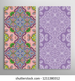 Vertical seamless patterns set, floral geometric lace texture for Wedding, Valentine's day, greeting card or Birthday Invitation. Decorative seamless doodle backgrounds. Ethnic ornament border pattern