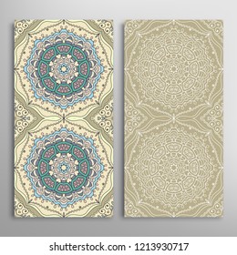 Vertical seamless patterns set, floral geometric lace texture for Wedding, Valentine's day, greeting card or Birthday Invitation. Decorative seamless doodle backgrounds. Ethnic ornament border pattern