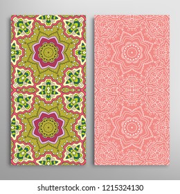 Vertical seamless patterns set, floral geometric lace texture for Wedding, Valentine's day, greeting card or Birthday Invitation. Decorative seamless doodle backgrounds. Ethnic ornament border pattern