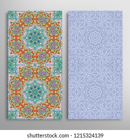 Vertical seamless patterns set, floral geometric lace texture for Wedding, Valentine's day, greeting card or Birthday Invitation. Decorative seamless doodle backgrounds. Ethnic ornament border pattern
