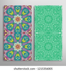 Vertical seamless patterns set, floral geometric lace texture for Wedding, Valentine's day, greeting card or Birthday Invitation. Decorative seamless doodle backgrounds. Ethnic ornament border pattern