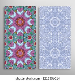 Vertical seamless patterns set, floral geometric lace texture for Wedding, Valentine's day, greeting card or Birthday Invitation. Decorative seamless doodle backgrounds. Ethnic ornament border pattern