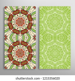 Vertical seamless patterns set, floral geometric lace texture for Wedding, Valentine's day, greeting card or Birthday Invitation. Decorative seamless doodle backgrounds. Ethnic ornament border pattern