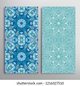 Vertical seamless patterns set, floral geometric lace texture for Wedding, Valentine's day, greeting card or Birthday Invitation. Decorative seamless doodle backgrounds. Ethnic ornament border pattern