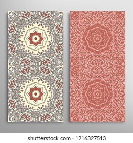 Vertical seamless patterns set, floral geometric lace texture for Wedding, Valentine's day, greeting card or Birthday Invitation. Decorative seamless doodle backgrounds. Ethnic ornament border pattern