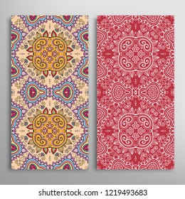 Vertical seamless patterns set, floral geometric lace texture for Wedding, Valentine's day, greeting card or Birthday Invitation. Decorative seamless doodle backgrounds. Ethnic ornament border pattern