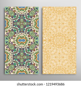 Vertical seamless patterns set, floral geometric lace texture for Wedding, Valentine's day, greeting card or Birthday Invitation. Decorative seamless doodle backgrounds. Ethnic ornament border pattern