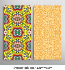 Vertical seamless patterns set, floral geometric lace texture for Wedding, Valentine's day, greeting card or Birthday Invitation. Decorative seamless doodle backgrounds. Ethnic ornament border pattern