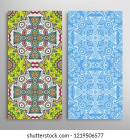 Vertical seamless patterns set, floral geometric lace texture for Wedding, Valentine's day, greeting card or Birthday Invitation. Decorative seamless doodle backgrounds. Ethnic ornament border pattern