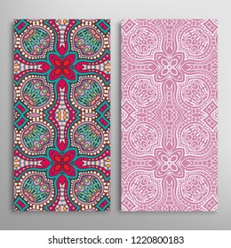 Vertical seamless patterns set, floral geometric lace texture for Wedding, Valentine's day, greeting card or Birthday Invitation. Decorative seamless doodle backgrounds. Ethnic ornament border pattern