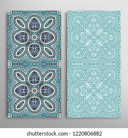 Vertical seamless patterns set, floral geometric lace texture for Wedding, Valentine's day, greeting card or Birthday Invitation. Decorative seamless doodle backgrounds. Ethnic ornament border pattern