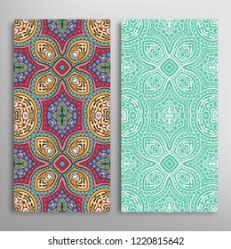 Vertical seamless patterns set, floral geometric lace texture for Wedding, Valentine's day, greeting card or Birthday Invitation. Decorative seamless doodle backgrounds. Ethnic ornament border pattern