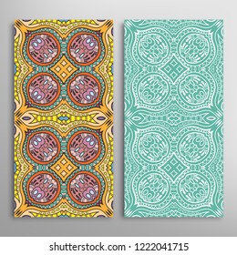 Vertical seamless patterns set, floral geometric lace texture for Wedding, Valentine's day, greeting card or Birthday Invitation. Decorative seamless doodle backgrounds. Ethnic ornament border pattern
