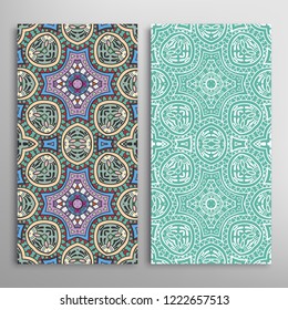 Vertical seamless patterns set, floral geometric lace texture for Wedding, Valentine's day, greeting card or Birthday Invitation. Decorative seamless doodle backgrounds. Ethnic ornament border pattern