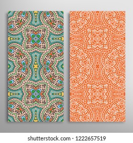 Vertical seamless patterns set, floral geometric lace texture for Wedding, Valentine's day, greeting card or Birthday Invitation. Decorative seamless doodle backgrounds. Ethnic ornament border pattern