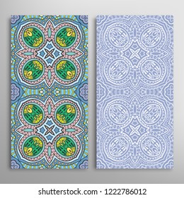 Vertical seamless patterns set, floral geometric lace texture for Wedding, Valentine's day, greeting card or Birthday Invitation. Decorative seamless doodle backgrounds. Ethnic ornament border pattern