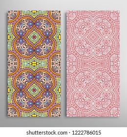 Vertical seamless patterns set, floral geometric lace texture for Wedding, Valentine's day, greeting card or Birthday Invitation. Decorative seamless doodle backgrounds. Ethnic ornament border pattern