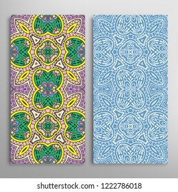 Vertical seamless patterns set, floral geometric lace texture for Wedding, Valentine's day, greeting card or Birthday Invitation. Decorative seamless doodle backgrounds. Ethnic ornament border pattern